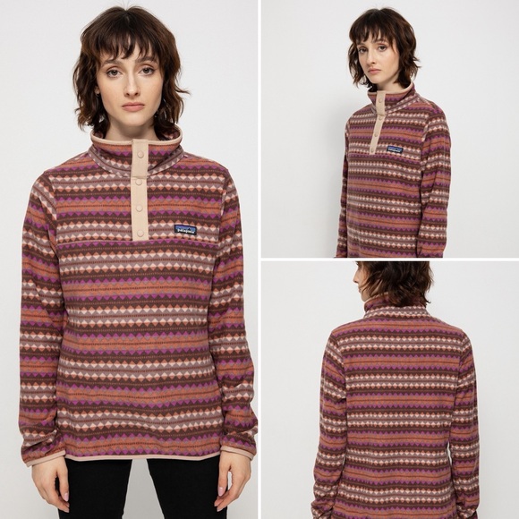 Patagonia Tops - Patagonia Women’s Micro-D Snap-T Fleece in Pink Diamond Stripe Sisu Brown sz XL